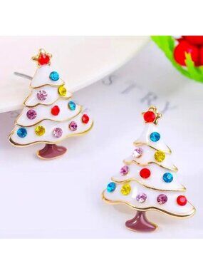 Christmas Tree Earrings Rhinestones Enamel Stylish Winter Holiday Sparkle Glam